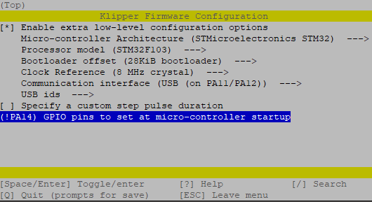 Klipper compilation config menu
