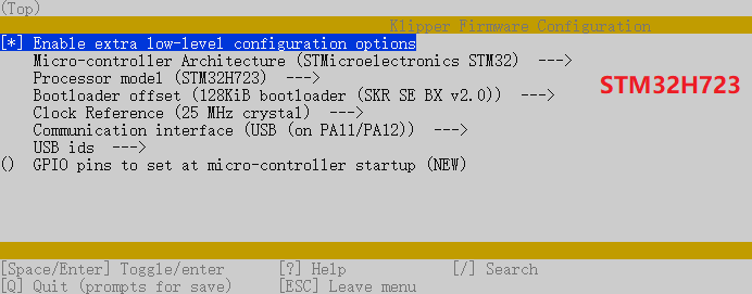 Klipper compilation config menu h723